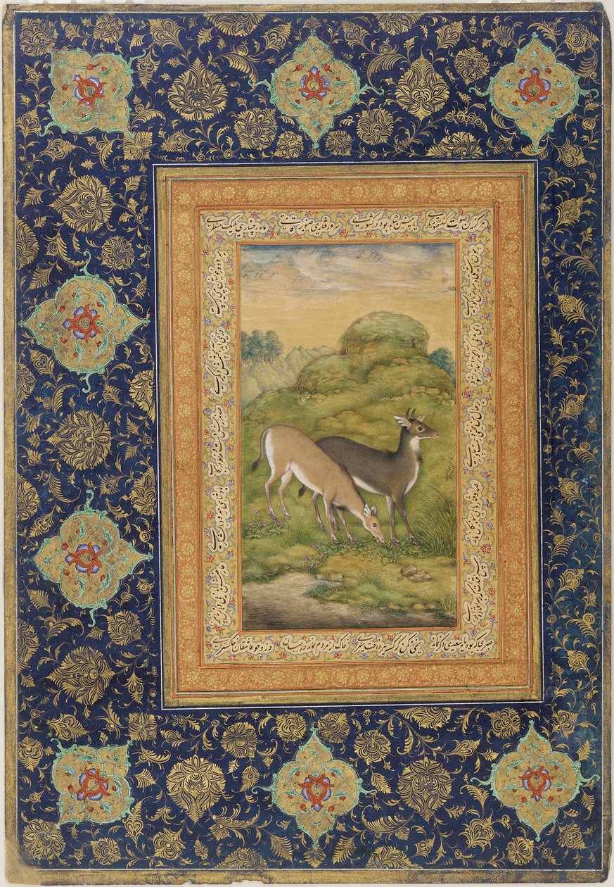 Två rådjur i ett landskap, School of Jahandir (färg och guld på papper) av Mansur