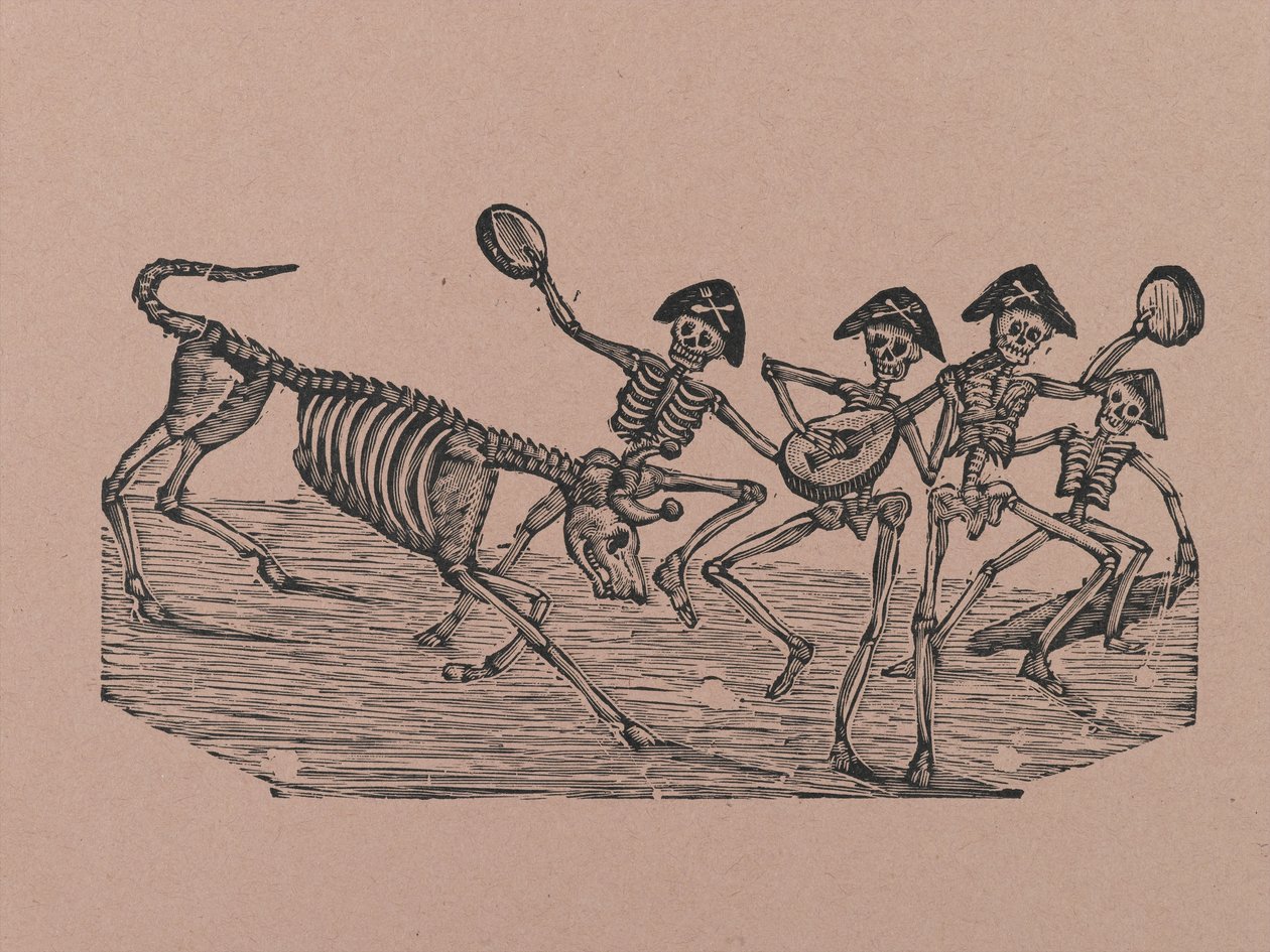 Skeleton Bull Fighters, från 330 Grabados Originales, tryckt av Antonio Vanegas Arroyo (1850-1917), Mexico City, Mexiko (reliefstick) av Manuel Manilla