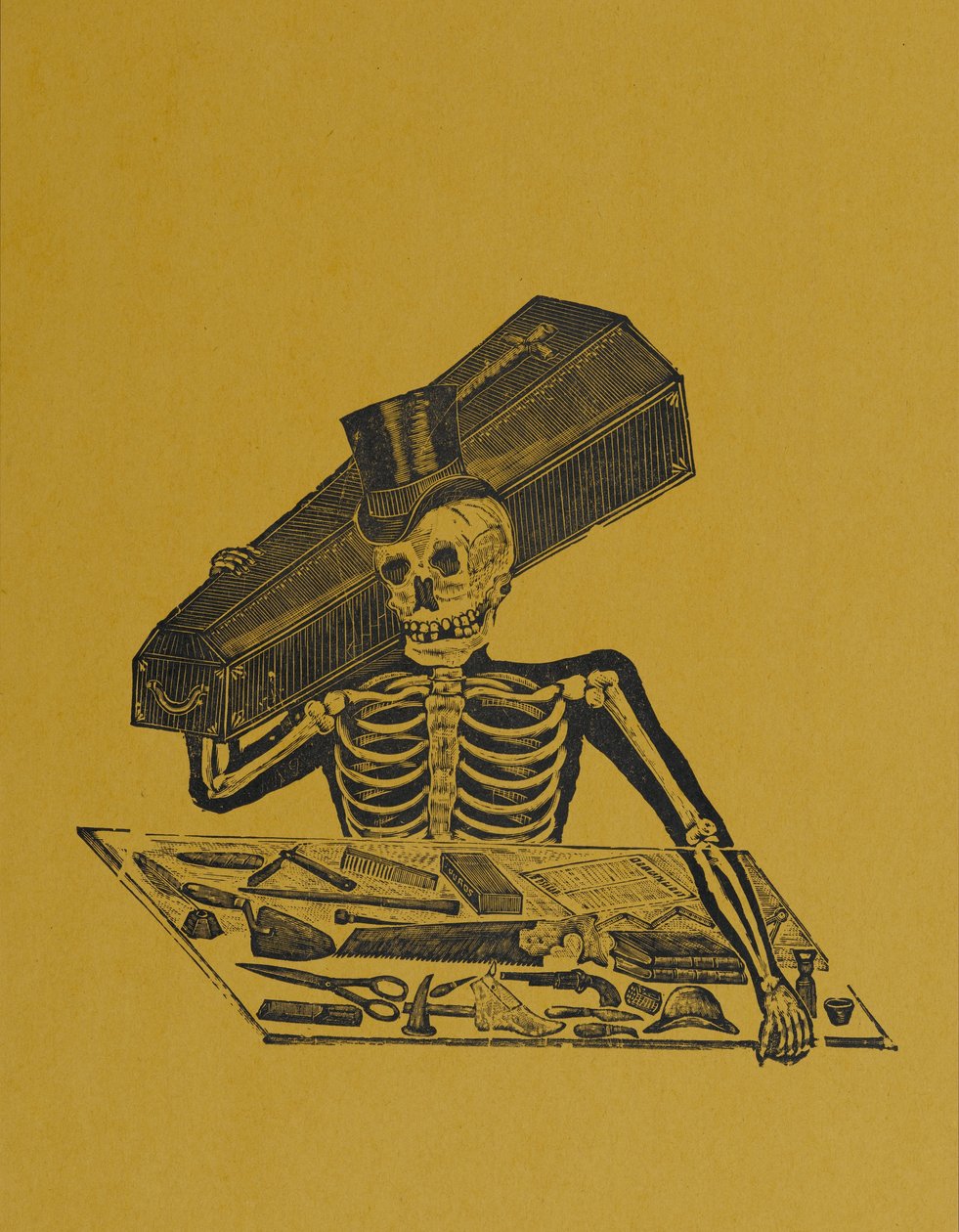 Skeleton Undertaker, från 330 Grabados Originales, tryckt av Antonio Vanegas Arroyo (1850-1917), Mexico City, Mexiko (reliefstick) av Manuel Manilla