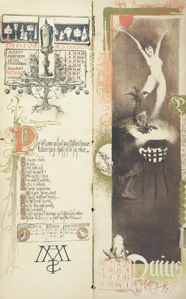 Kärleksdrycken, maj månad i en magisk kalender som publicerades i Art Nouveau-tidningen, 1896 av Manuel Orazi