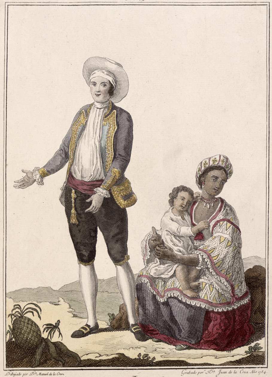 En spanjor och hans indiska fru, graverad av Juan de la Cruz, 1784 färgad gravyr av Manuel de la Cruz y Cano