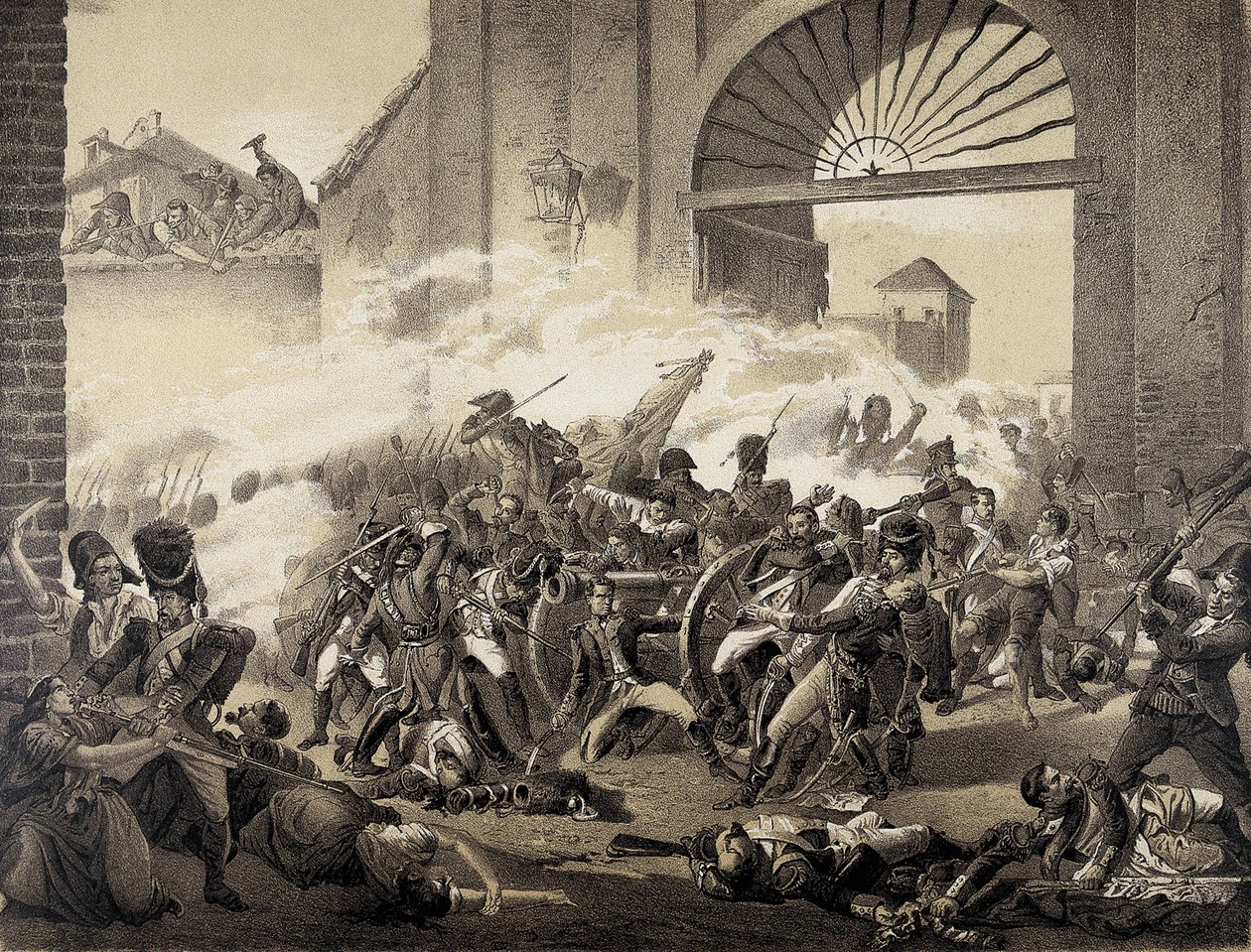 Spanien. Guerra de Independecia (1808). Andra maj i Madrid. Luis Daoiz död i försvaret av Monteleon-parken. Gravyr efter en målning av Manuel Castellano. Litografi. av Manuel (after) Castellano