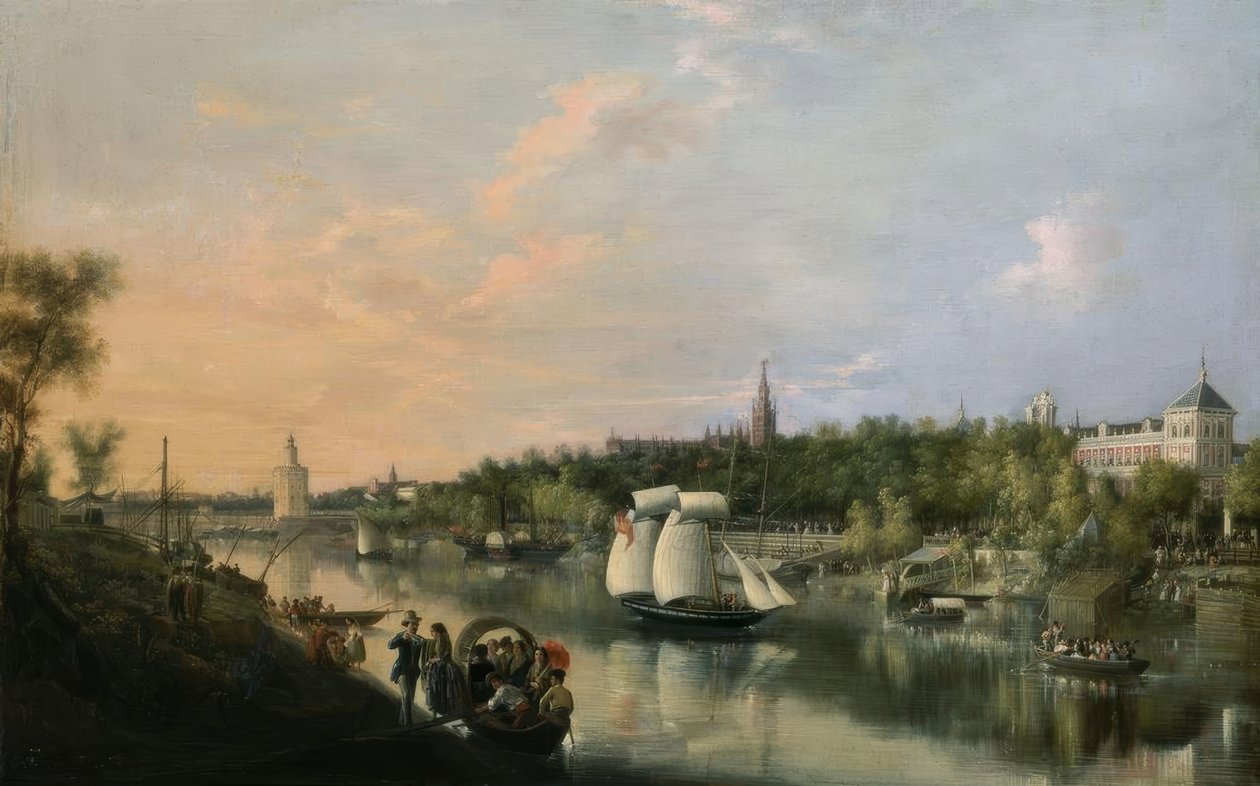 EL GUADALQUIVIR SOM DEN GÅR GENNEM SEVILLA – 1851 – OELO / CANVAS 86,5X135,4CM av Manuel Barron y Carrillo