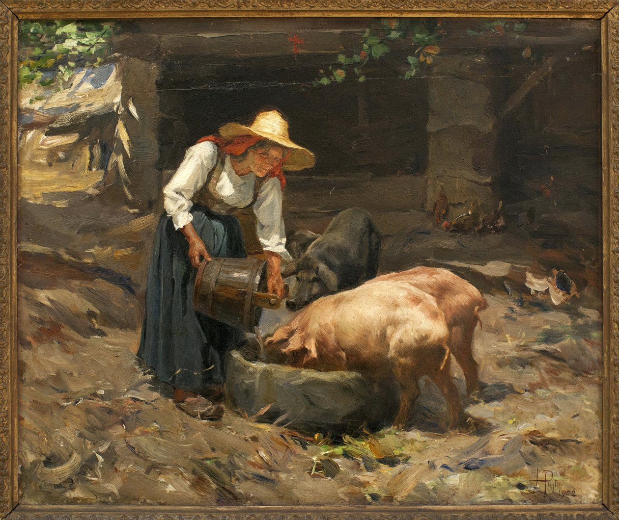 Grisarnas måltid; Målning av Manuel Henrique Pinto (1853-1912), olja på trä av Manuel Henrique Pinto