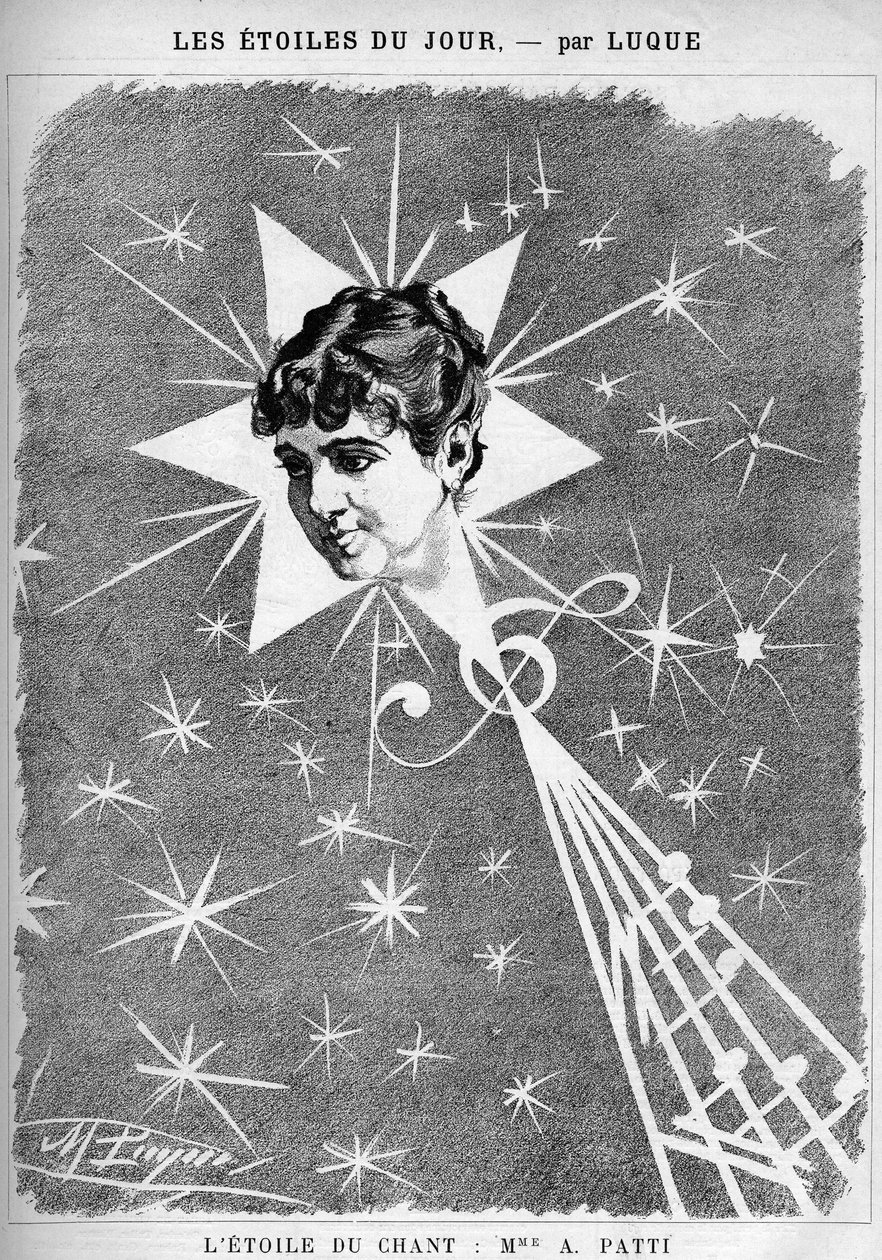 Adelina Patti (1843-1919), italiensk sångerska. "The star of singing", tecknad serie av serietecknaren Manuel Luque. I "The Cartoon" från 1886. av Manuel Luque