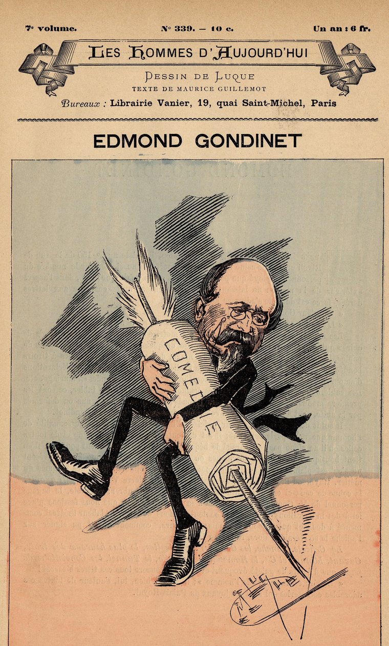 Omslag till The Men of Today, nummer 339, illustration av Manuel Luque (1854-1919): Teater - Gondinet Edmond (1828-1888) av Manuel Luque