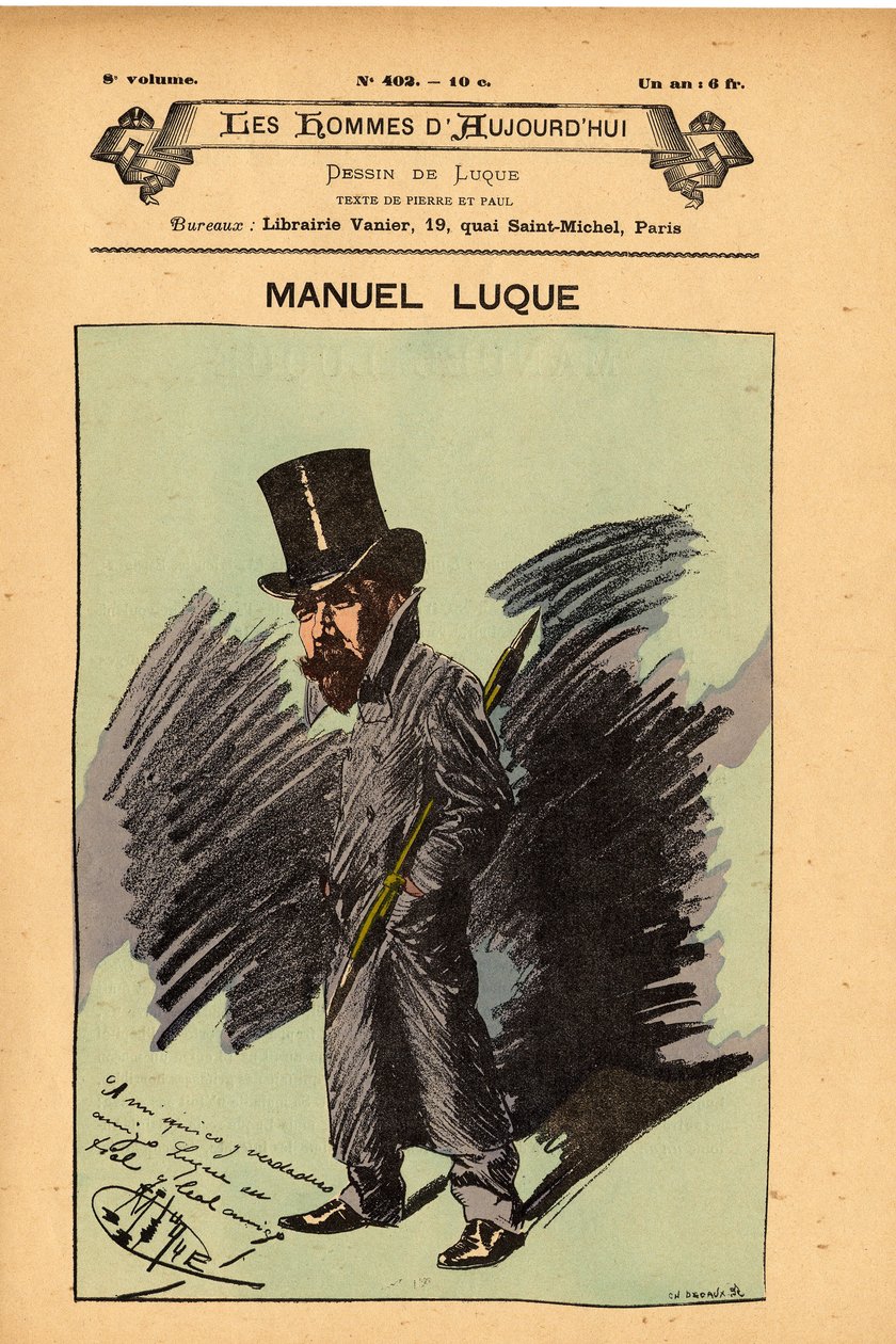Omslag till The Men of Today, nummer 402, illustration av Manuel Luque (1854-1919): Caricaturists - Luque Manuel (1854-1924) av Manuel Luque