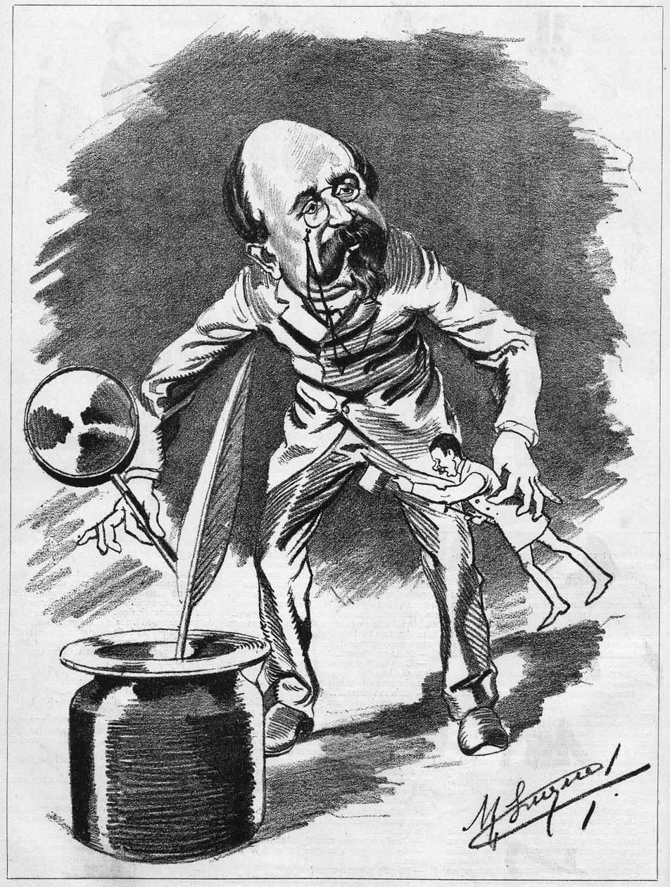Edmond Gondinet (1828-1888), fransk dramatiker. Tecknad serie av serietecknaren Manuel Luque. I "The Cartoon" från 1886. av Manuel Luque