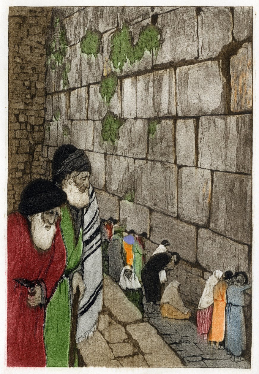 Judar framför klagomuren, den enda kvarlevan av templet i Jerusalem som byggdes av kung Salomo år 950. Gravyr av Manuel Orazzi (1860-1934), i "" L