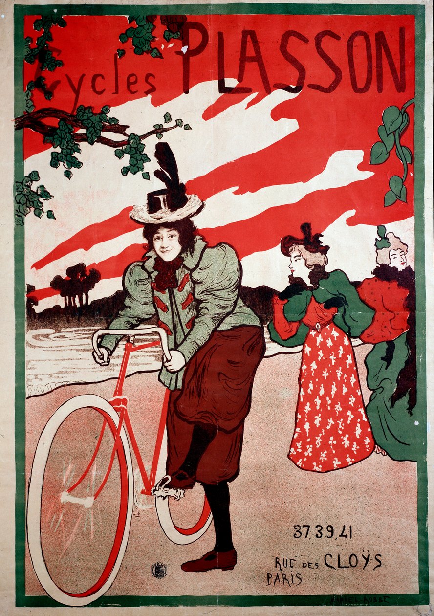 Belle Epoque: reklamaffisch för cyklar (cyklar) Plasson. Affisch av Manuel Robbe (1872-1936) Privat samling av Manuel Robbe