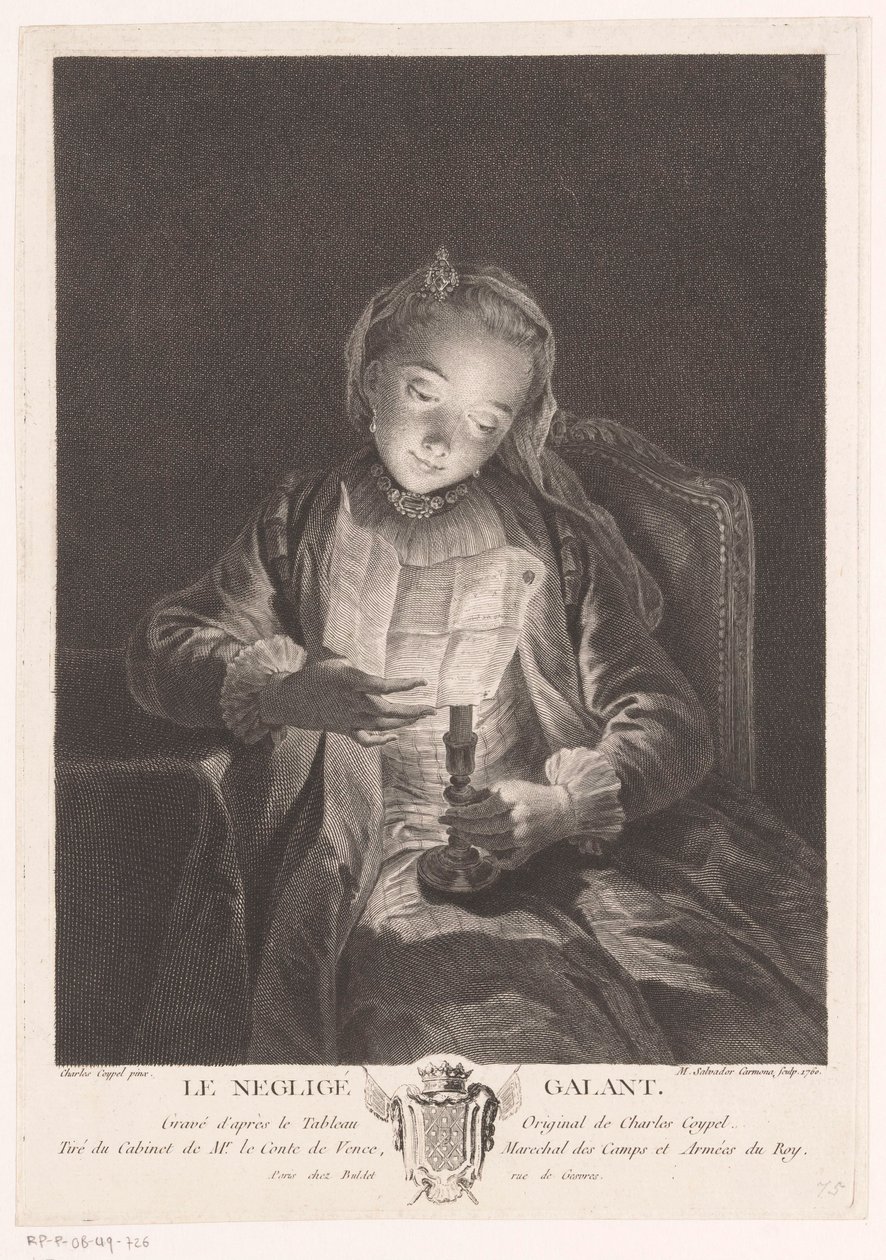 Flicka som läser ett brev vid levande ljus Le neglige galant (titel på objekt) av Manuel Salvador Carmona