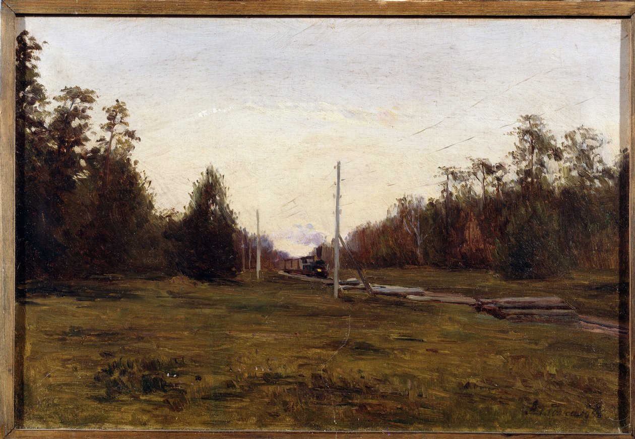 Landskap med ett tåg. Målning av Manuil Christoforovitj Aladzhalov (1862-1934). Olja på kartong, 29,5 x 43,5 cm. Rysk konst tidigt 1900-tal. Regionala konstmuseet, Plyos. ©FineArtImage/Leemage av Manuil Christoforovich Aladzhalov