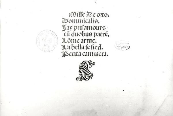 Titelsida från en offentlig mässa framförd i Venedig tryckt av Ottaviano Petrucci (1466-1539) 1505 av Marbriano de Orto