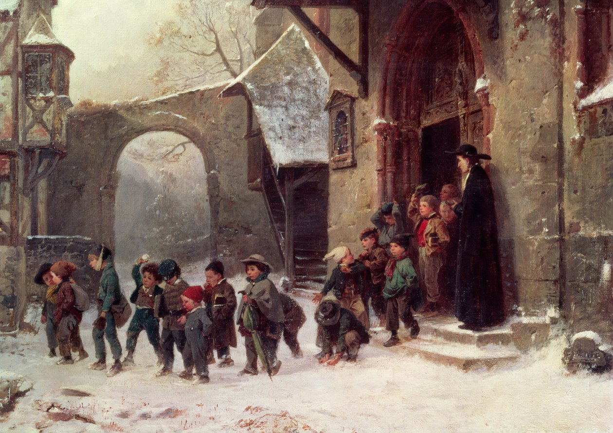 Snöplats: Barn lämnar skolan, ca 1853 av Marc Louis Benjamin Vautier