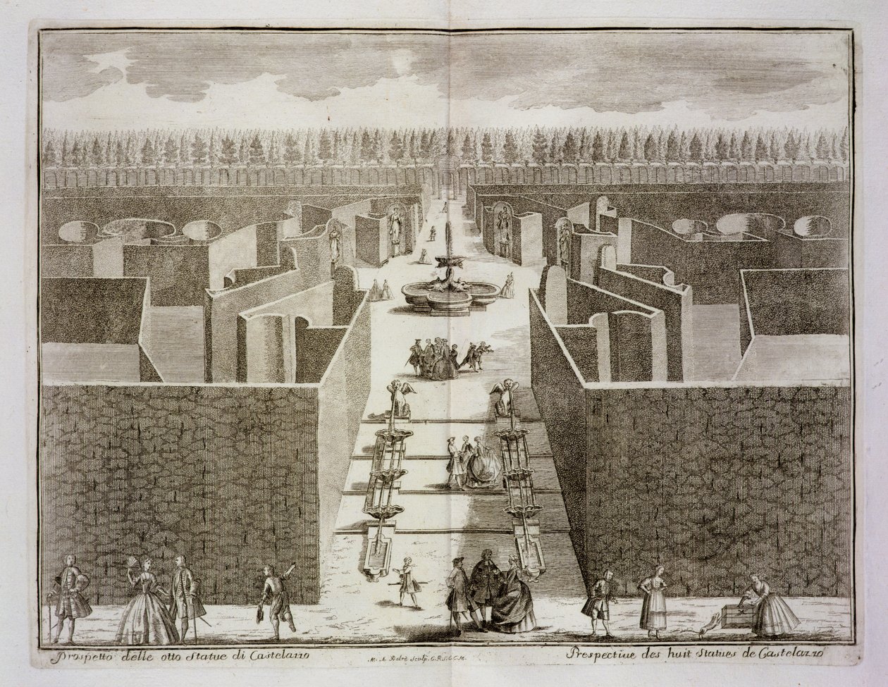 Utsikt över de åtta statyerna av Castellazzo i topiary-labyrinten, från "The Delights of the Villa Castellazzo" av Domenico Felice Leonardi, publicerad 1743 av Marc