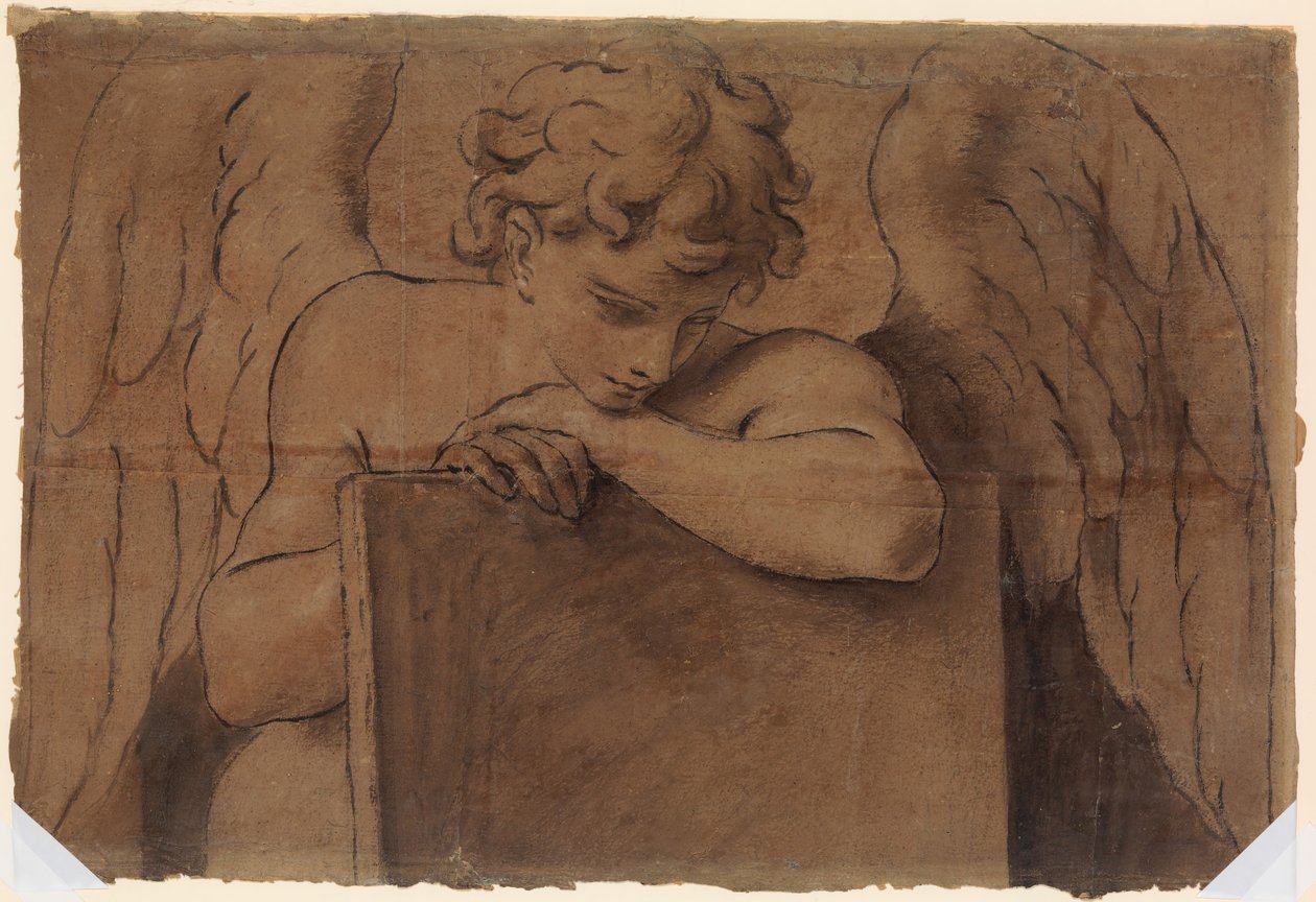 Tecknad filmfragment för tonårsängel som lutar sig mot en surfplatta eller sluten bok, ca. 1690-95. av Marc Antonio Franceschini