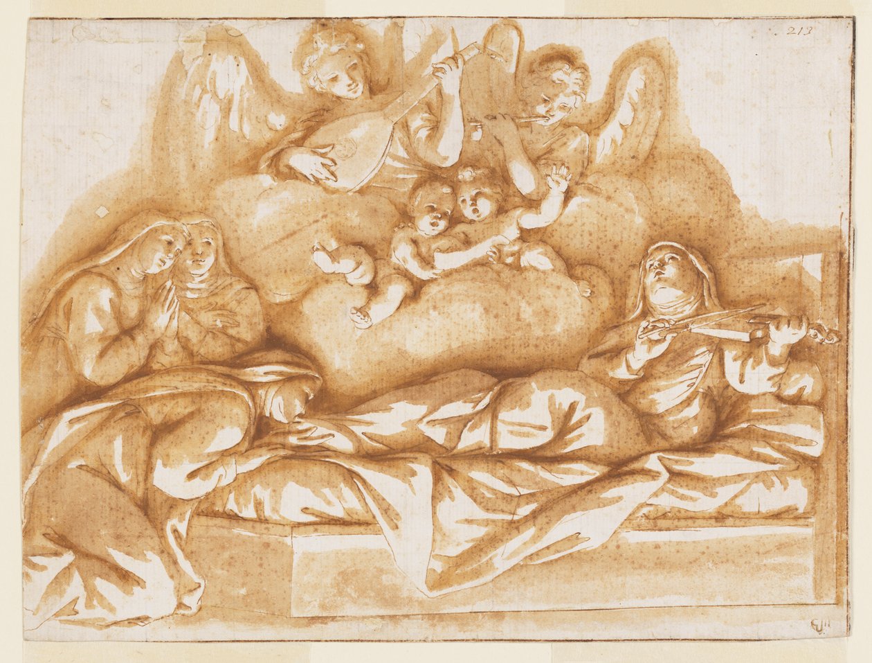 Design för en monokrom väggmålning, Church of Corpus Domini, Bologna, Italien, St. Caterina Vigris död av Marc Antonio Franceschini