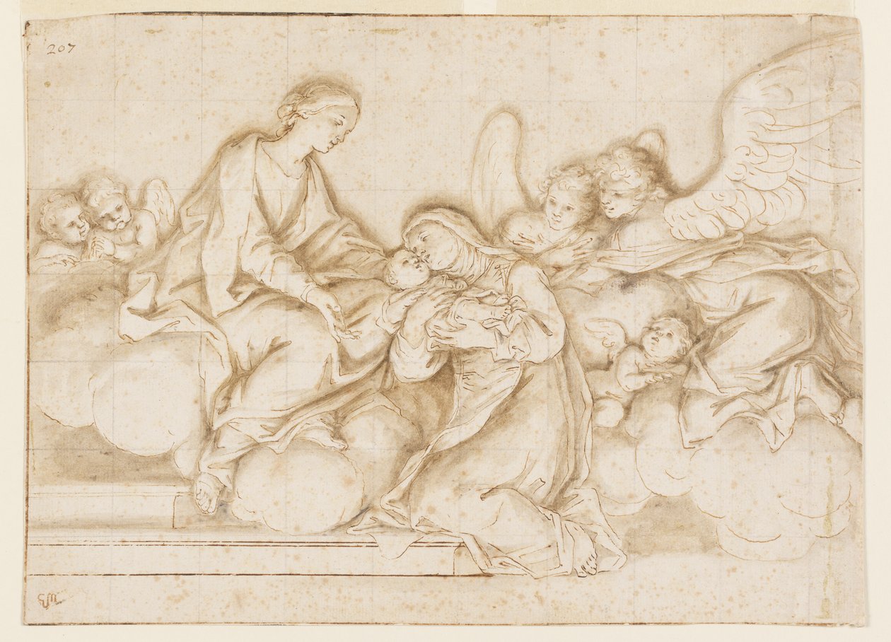 Design för en monokrom väggmålning, Church of Corpus Domini, Bologna, Italien, St. Caterina Vigri tar emot bruden från Jungfrun av Marc Antonio Franceschini