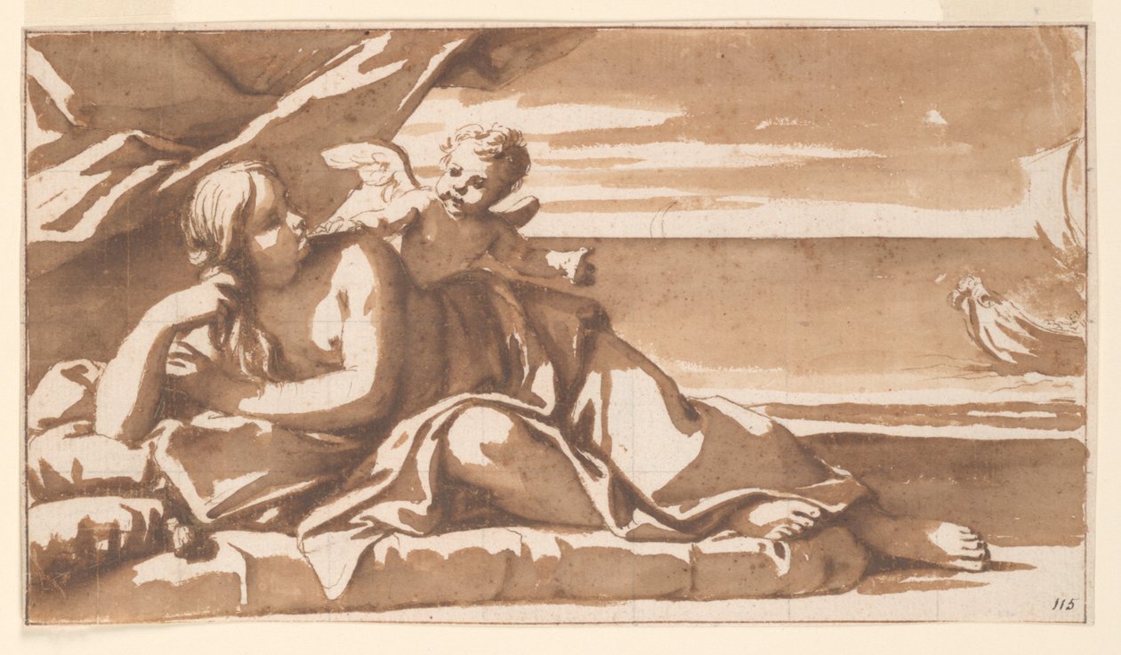 Studie för en överdörrsmålning, Ariadne som tittar på närmandet av Bacchus skepp av Marc Antonio Franceschini