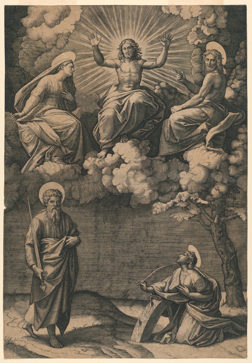 Jesus Kristus, Jungfrun och Johannes Döparen med de heliga Paulus och Katarina av Marc Antonio Raimondi