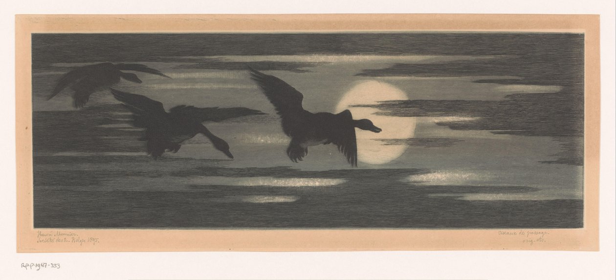 Tre ankor som vandrar förbi den nedgående solen av Marc Henry Meunier (attributed to)