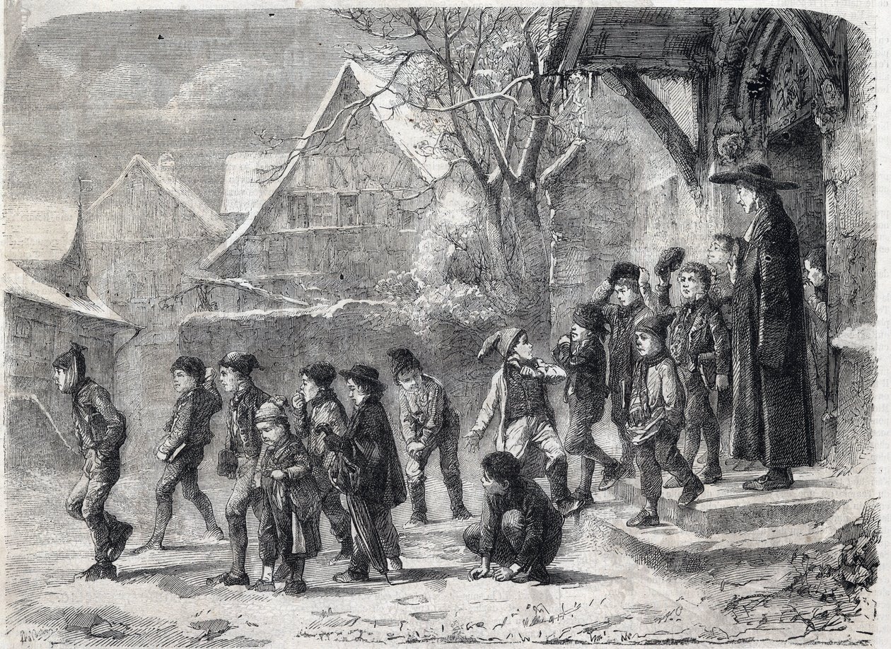 Ute från skolan på vintern. Gravyr efter en målning av M. B. Vautier i "The Universe Illustrous" av Marc Louis Benjamin (after) Vautier