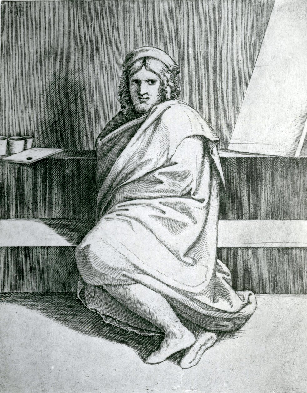 Rafael i en mantel, ca 1520 av Marcantonio Raimondi