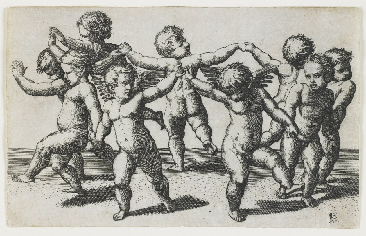 Två amfibier som leder barn i en dans, ca 1517-1520 av Marcantonio Raimondi