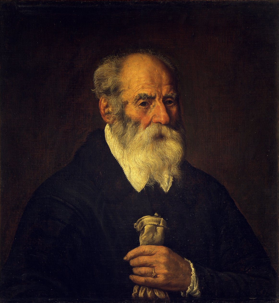 Gammal man med handske (olja på duk) av Marcantonio Bassetti