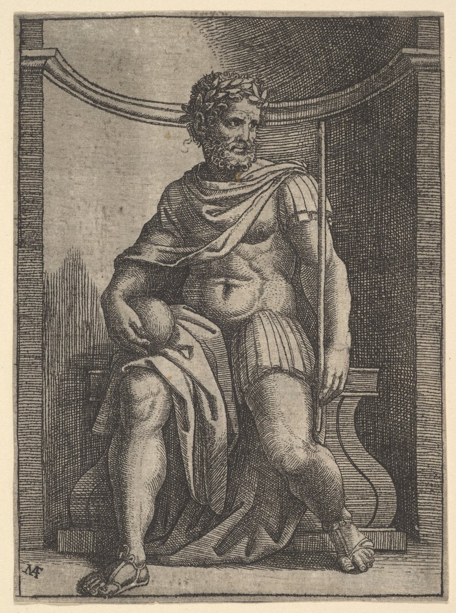 En romersk kejsare som sitter i en nisch med en glob och spira och tittar på sin..., ca. 1500-1534. av Marcantonio Raimondi