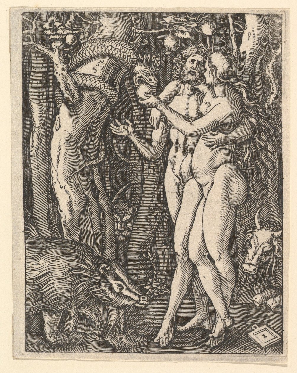 Adam och Eva med äpple och orm, ca. 1500-1534. av Marcantonio Raimondi