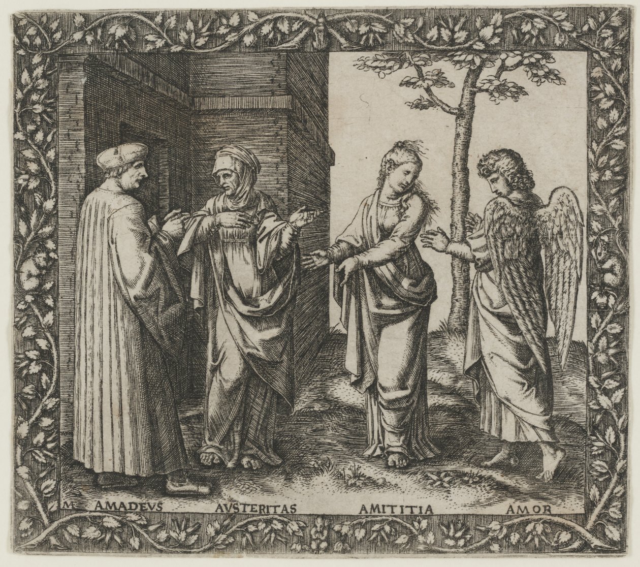 Amadeus Berruti med åtstramning, Amititia och kärlek av Marcantonio Raimondi