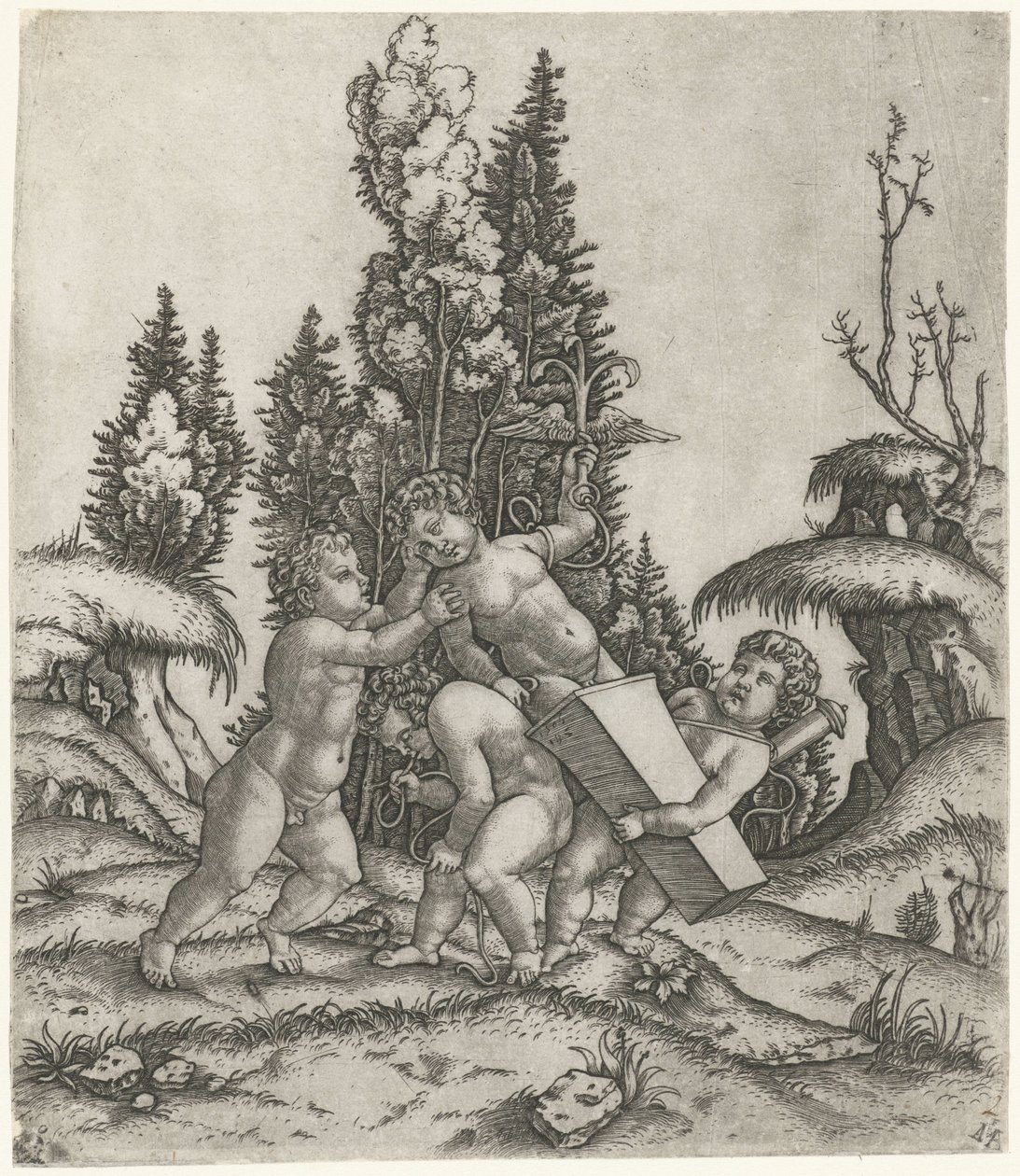 Amor och två putti eller barn bär staty av putti med bevingat ankare på piedestal av Marcantonio Raimondi