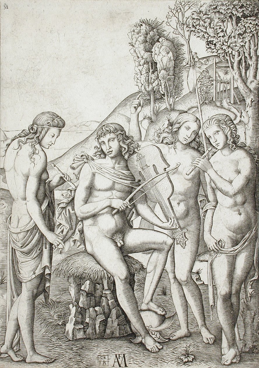 Apollo undervisar gracerna i musik av Marcantonio Raimondi