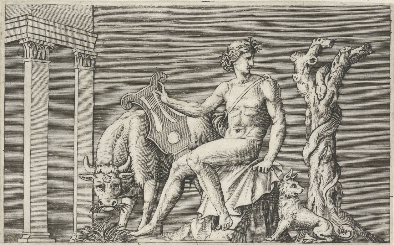 Apollo vaktar Admetus flock Mytologiska representationer efter antika basreliefer (serietitel) av Marcantonio Raimondi