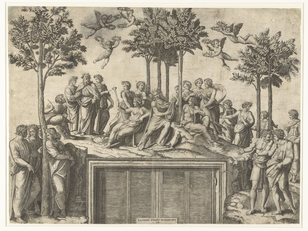 Apollo och muser på berget Parnassus av Marcantonio Raimondi