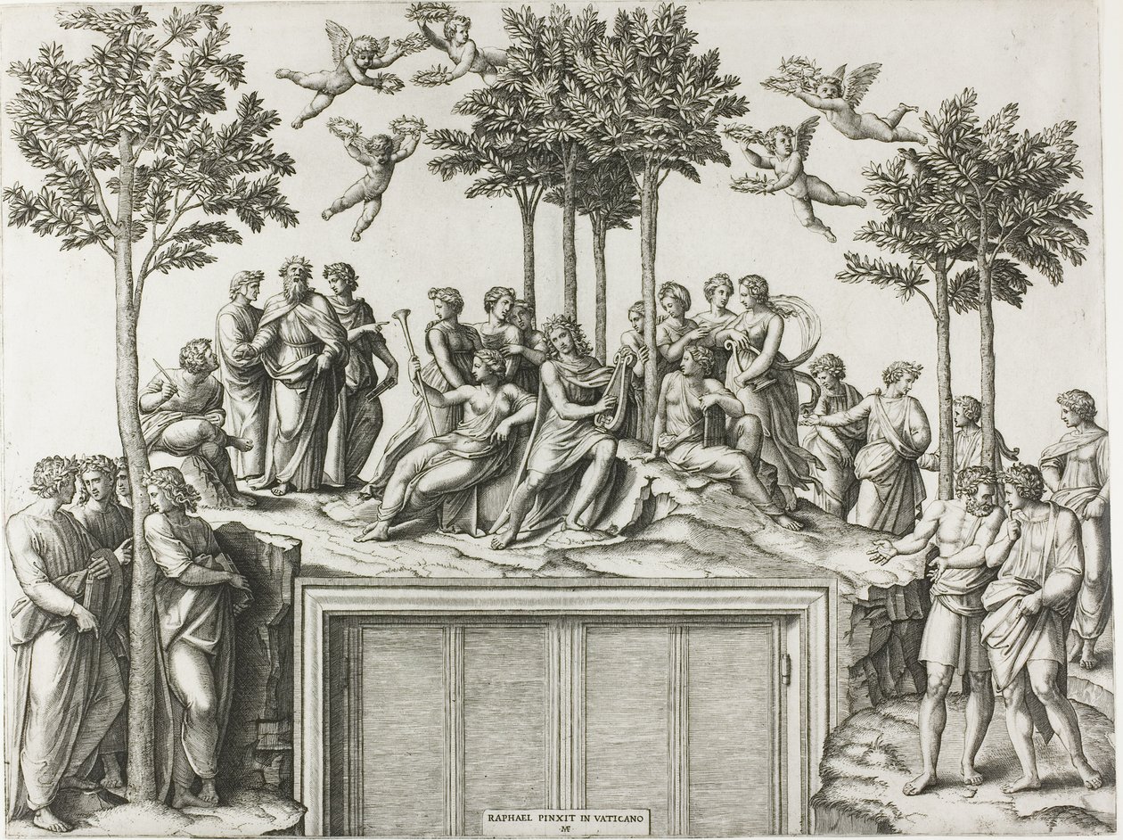 Apollon på Parnassus, omgiven av muserna och poeterna av Marcantonio Raimondi