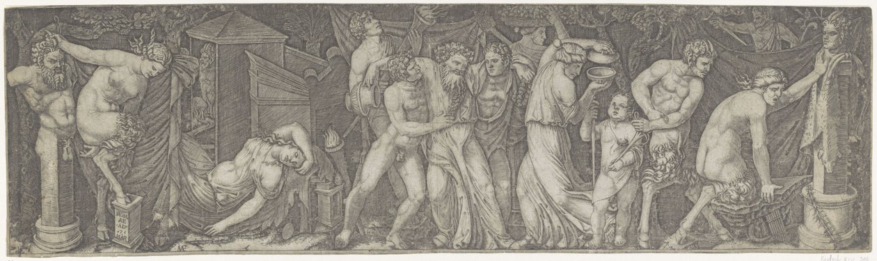 Bacchanal med berusad Bacchus och satyrer och maenader av Marcantonio Raimondi