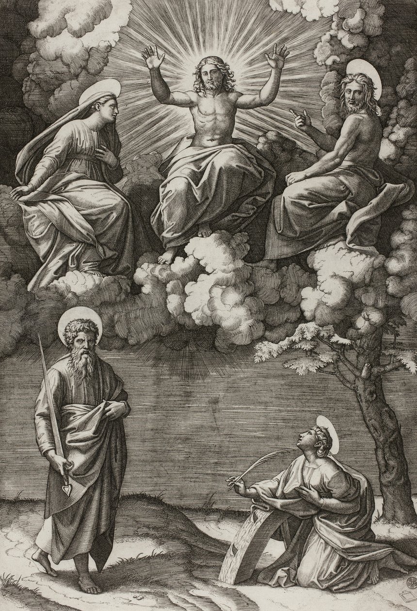 Kristus, Jungfrun och Johannes Döparen med de heliga Paulus och Katarina av Marcantonio Raimondi