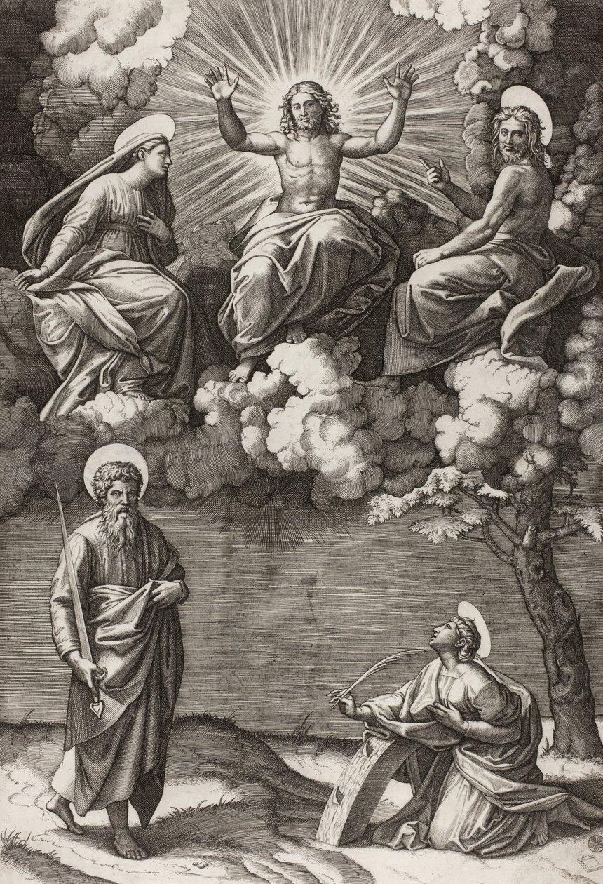 Kristus, Jungfrun och Johannes Döparen med de heliga Paulus och Katarina, 1520-25 av Marcantonio Raimondi