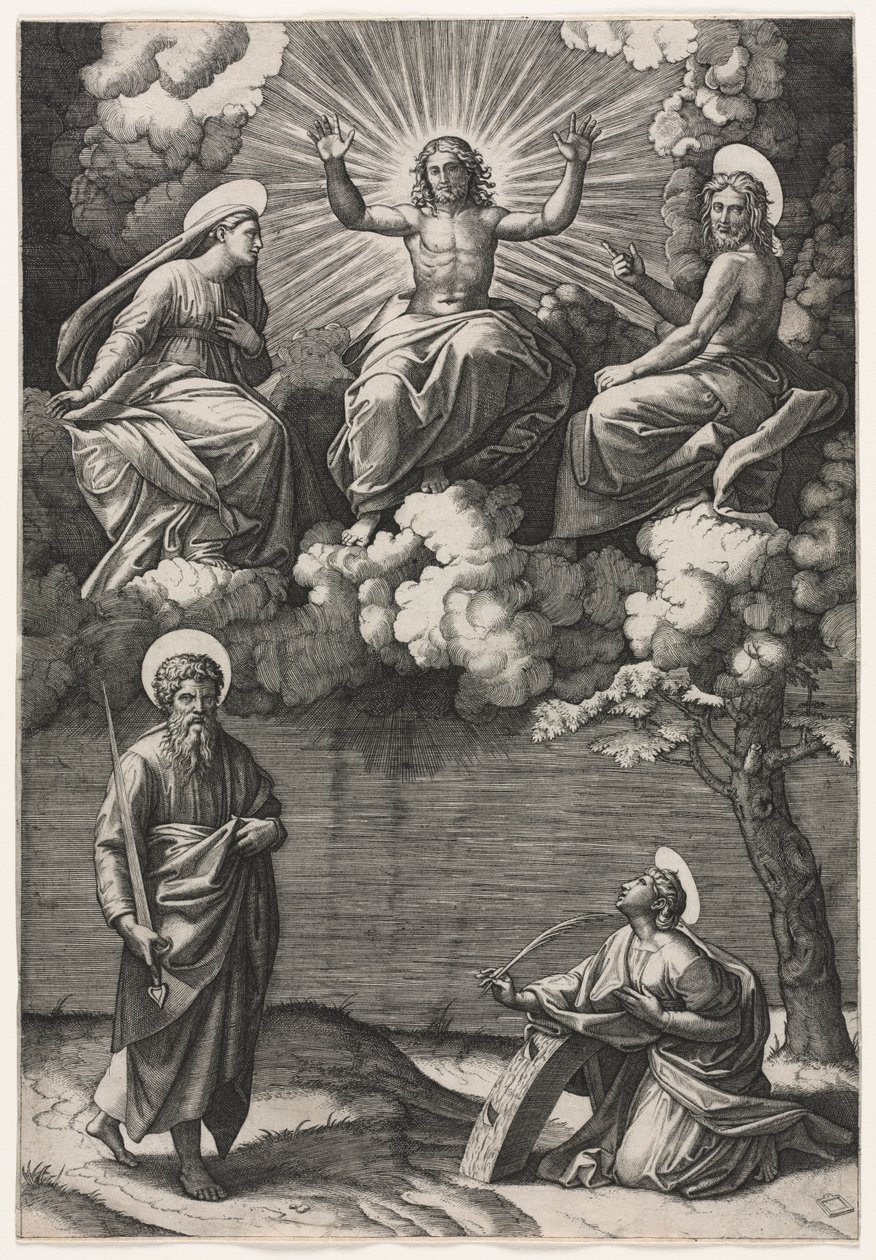 Kristus, Jungfrun och Johannes Döparen med de heliga Paulus och Katarina av Marcantonio Raimondi