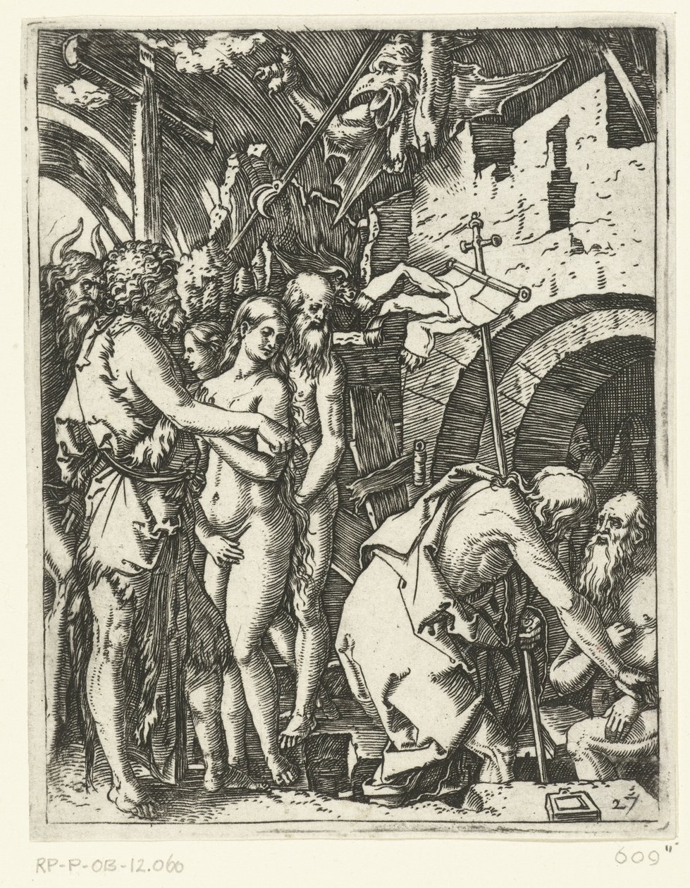 Kristus lämnar helvetet och befriar patriarker och profeter och andra Passion of Christ (serietitel) av Marcantonio Raimondi