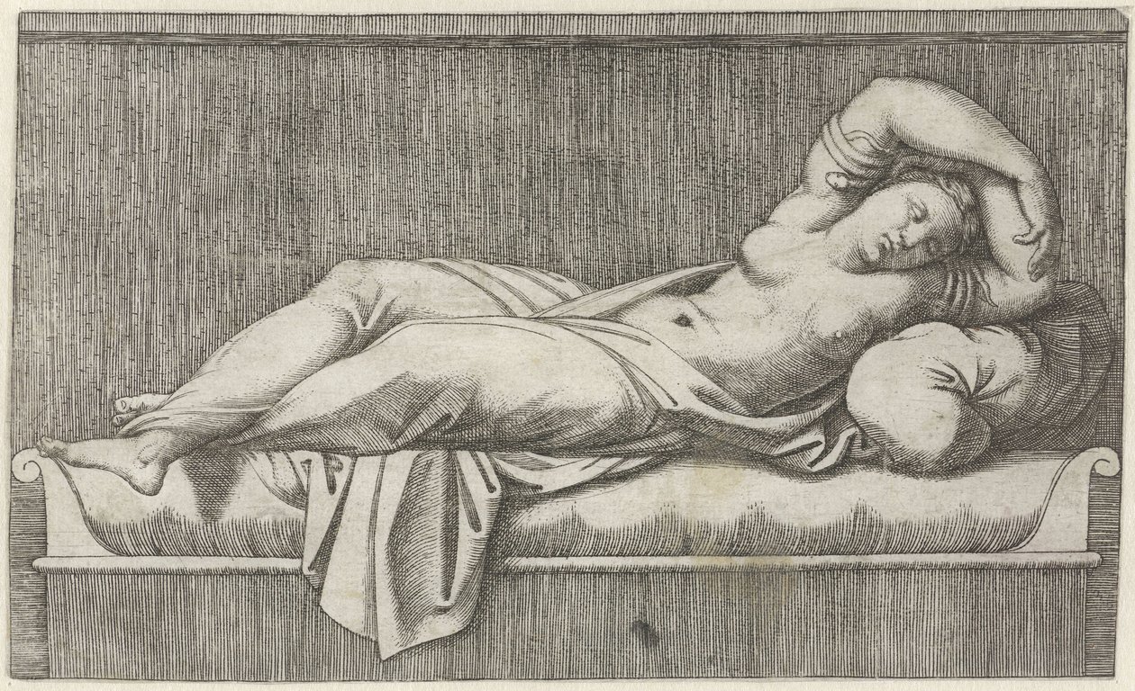 Cleopatra halvnaken liggandes på sängen av Marcantonio Raimondi