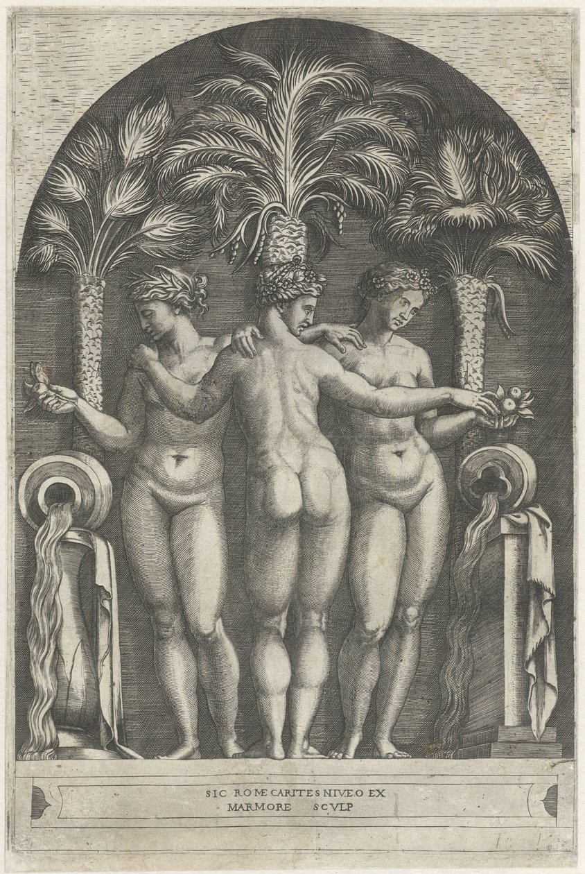 Three Graces som står i en nisch framför tre palmer och flankeras av kannor från vilka vatten rinner. av Marcantonio Raimondi