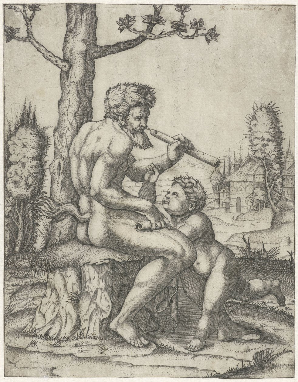 Faun med flöjt spelar med barn av Marcantonio Raimondi