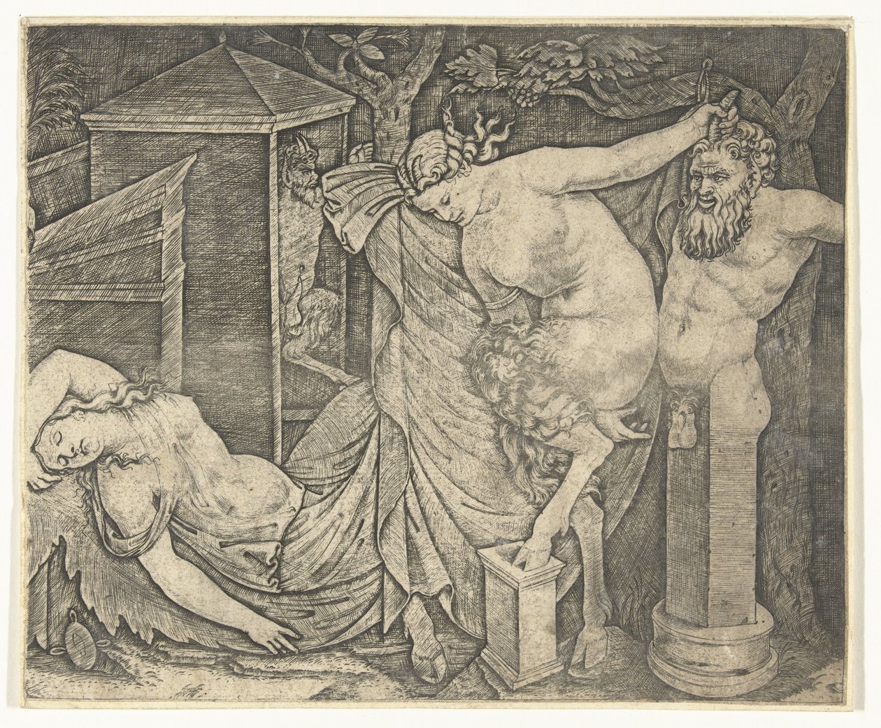 Fragment av bacchanal med satyrkvinna och herm och sovande bacchante av Marcantonio Raimondi