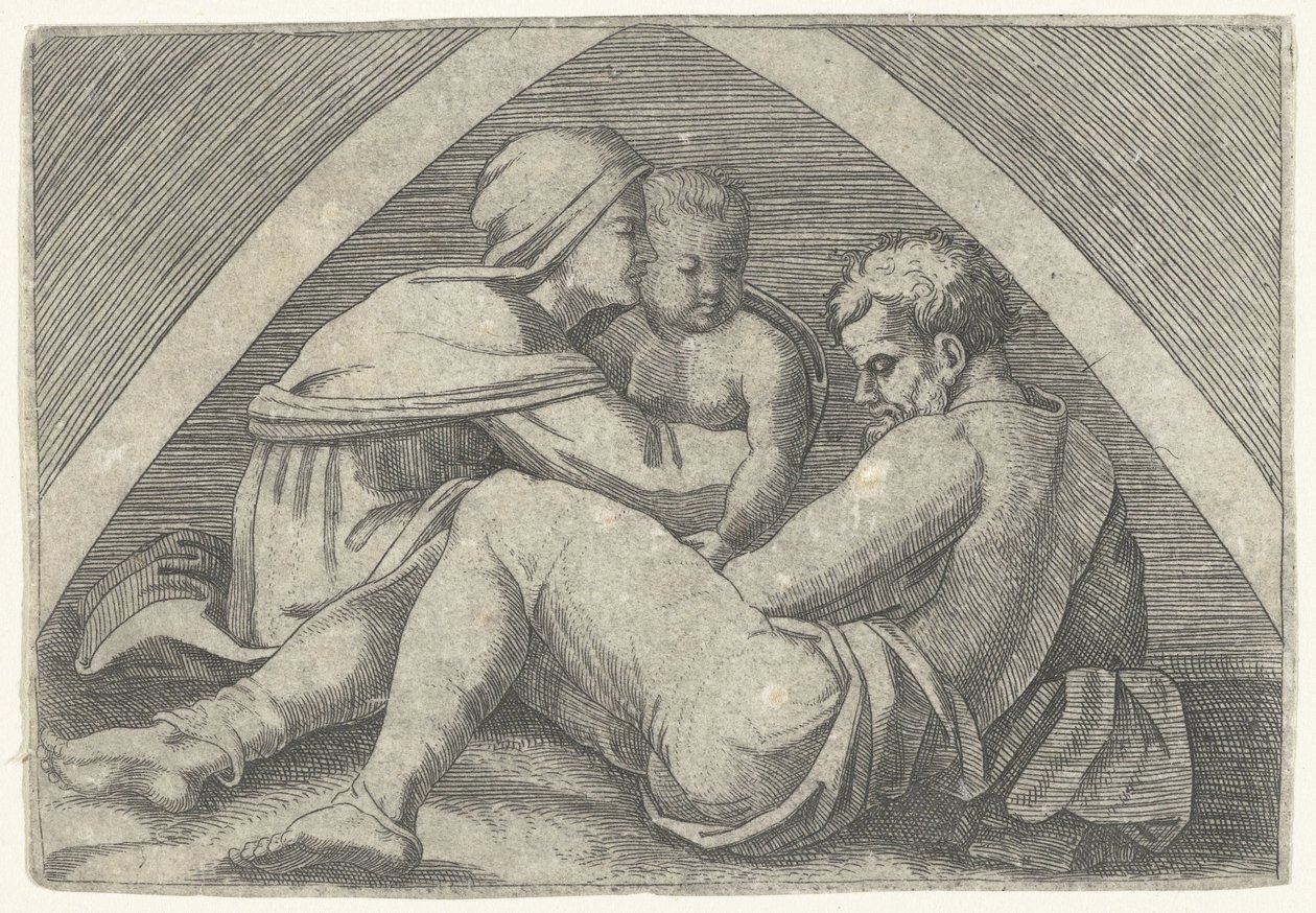 Helig familj under en båge av Marcantonio Raimondi