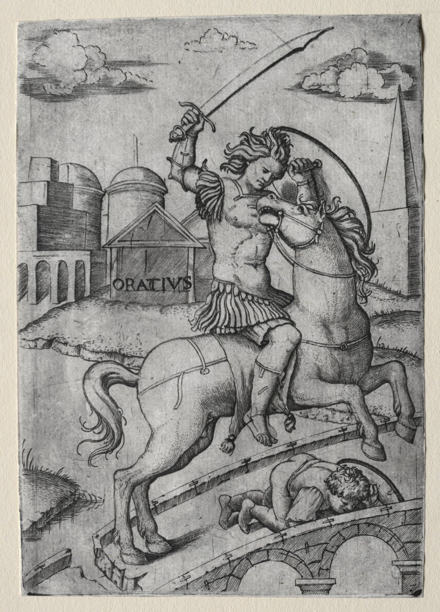 Horatius Cocles försvarar Sublician-bron. av Marcantonio Raimondi