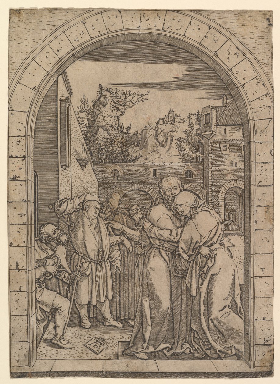Joachim omfamnar Saint Anne under den gyllene porten i Jerusalem, efter Dürer, ca. 1500-1534. av Marcantonio Raimondi