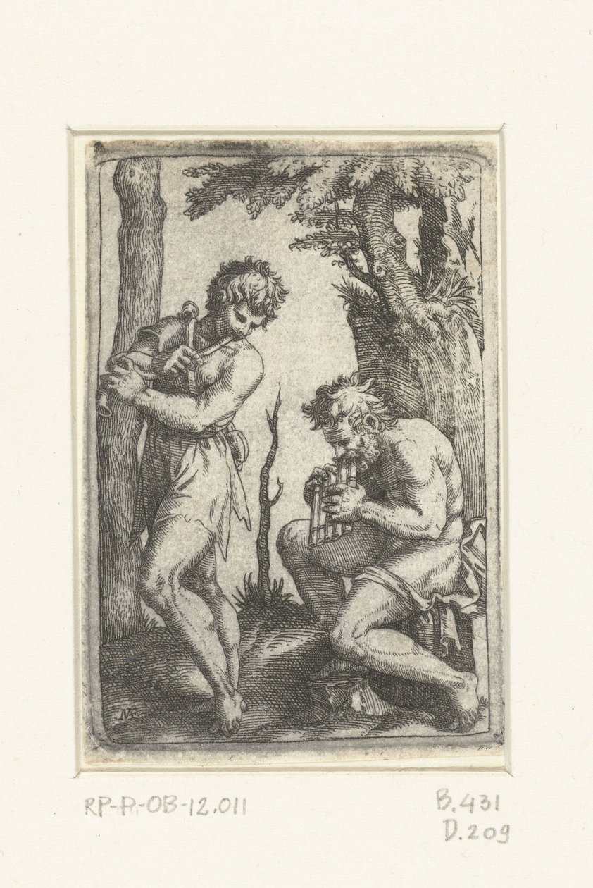 Ung herde med shawm och gammal herde med panflöjt av Marcantonio Raimondi
